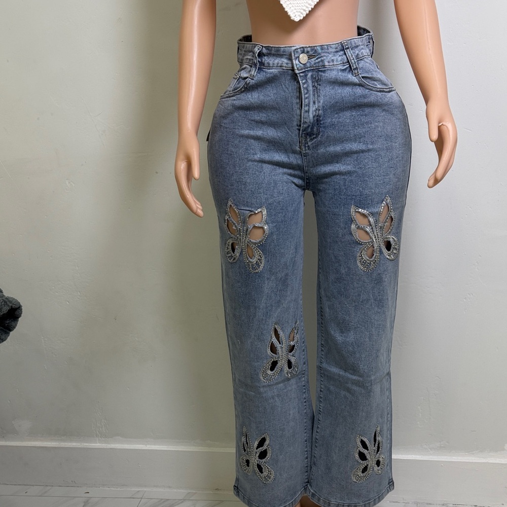 Women’s High-Waist Gray Embroidered Cutout Jeans